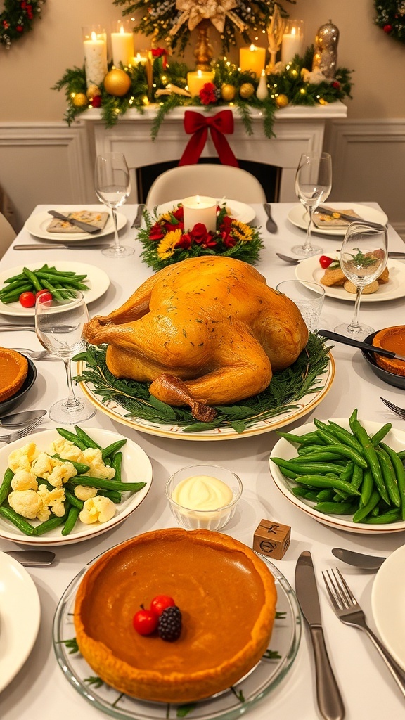 Keto Christmas Dinner Ideas A festive keto Christmas dinner with herb-roasted turkey, green beans, cauliflower mash, and pumpkin pie on a decorated table.